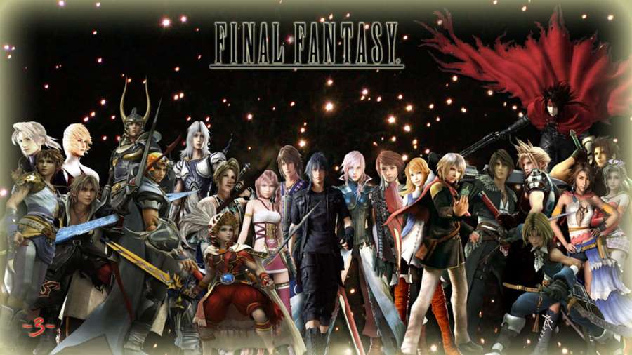 Final Fantasy-karakterer i fantasy-rustning som holder sverd under en stjerneklar nattehimmel. — Final Fantasy karakterer Bakgrunner