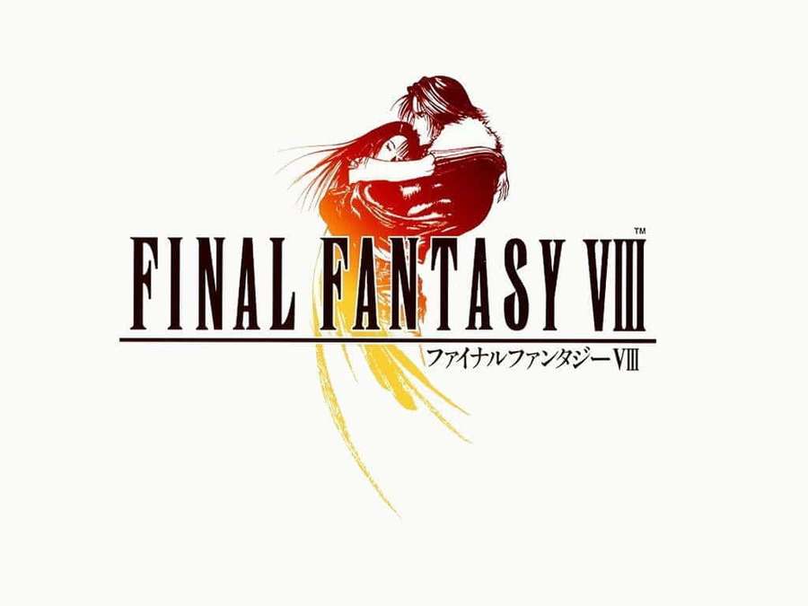 Final Fantasy VIII-logo med to omfavnende karakterer i rødt og orange. — Final Fantasy Viii Wallpapers