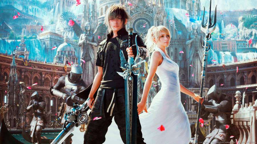 Una pareja de fantasía con armas en una catedral con islas flotantes y pétalos cayendo. — Final Fantasy Xv Fondos de pantalla