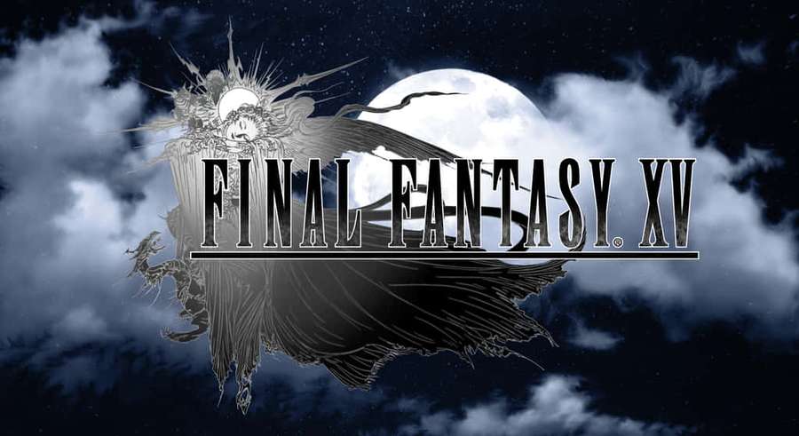 Final Fantasy XV logo with winged figure under a full moon. — Final Fantasy Xv Background