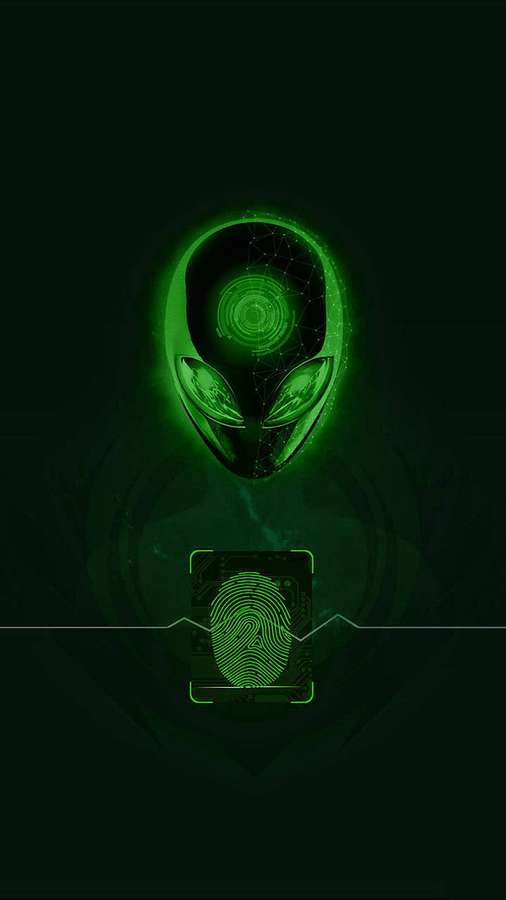 Glowing green alien head above a fingerprint scanner in dark digital environment. — Fingerprint Wallpaper