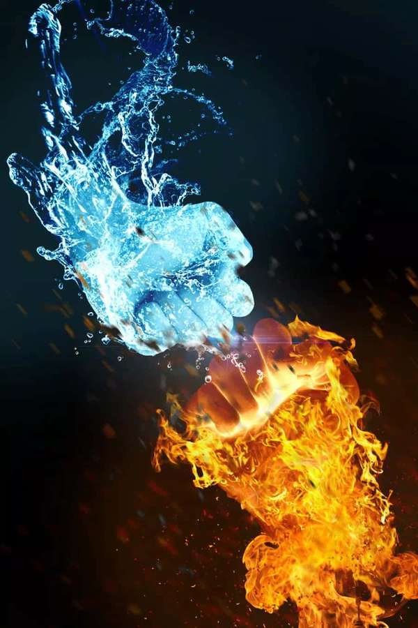 Two fists one made of water the other of fire colliding in darkness — Fire And Water Wallpaper