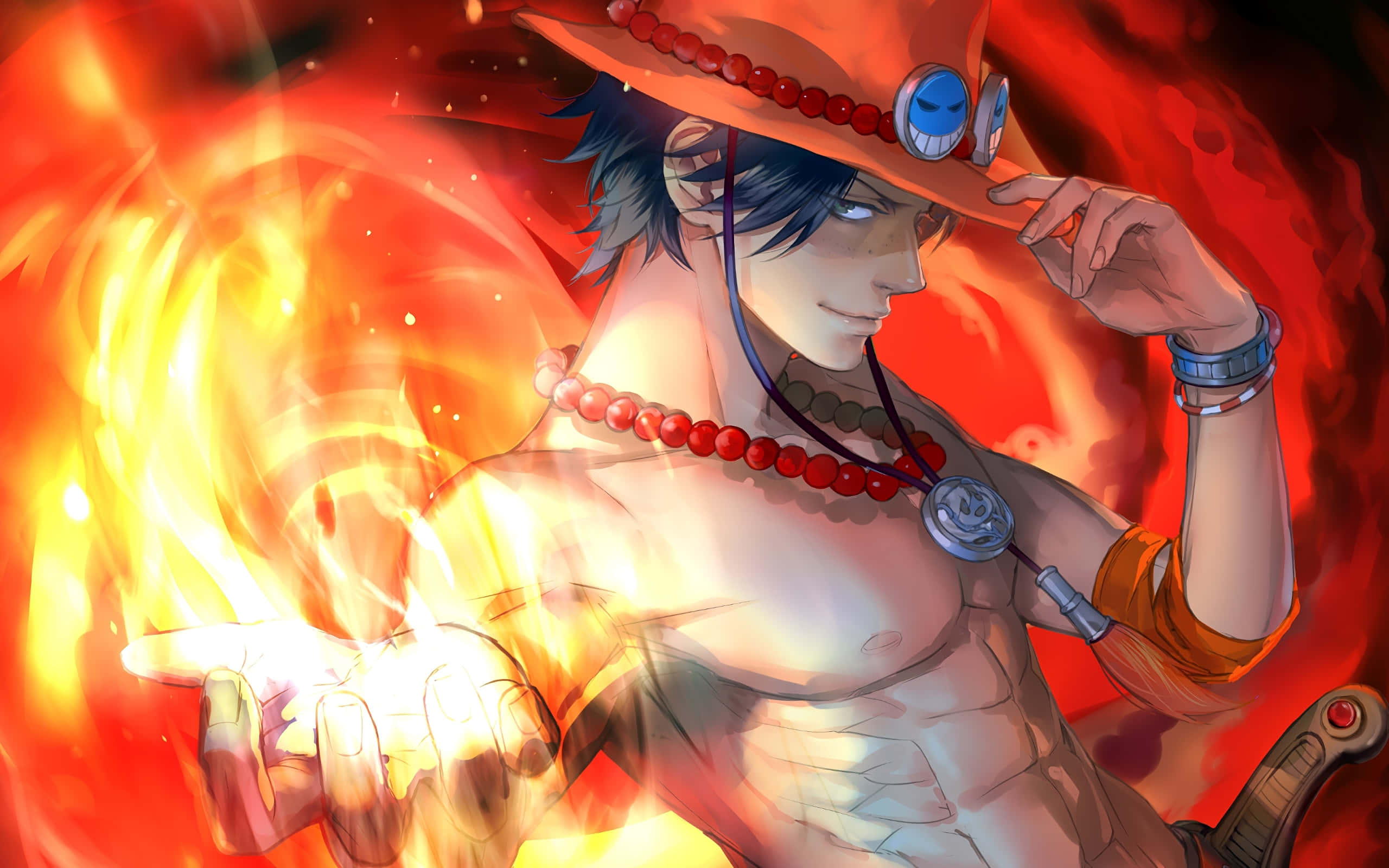 Anime character with fiery energy in red hat and beads — Fire Anime Background