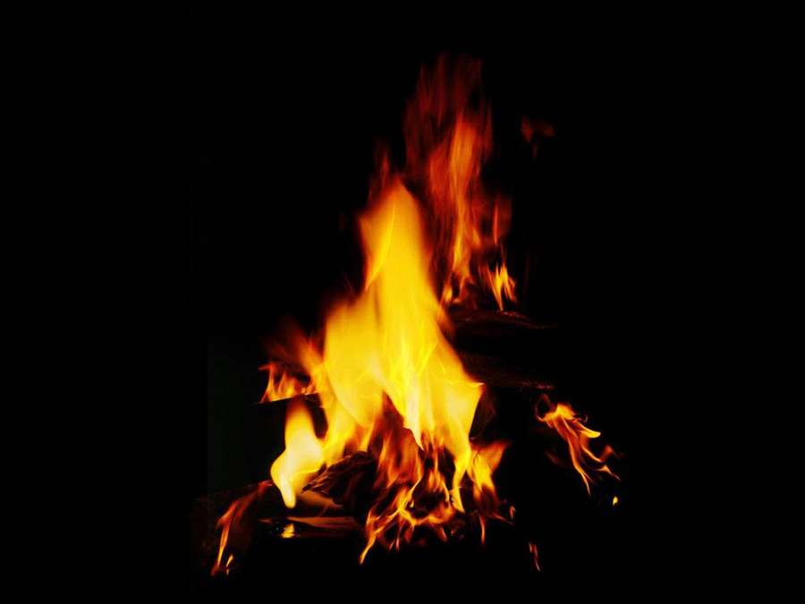 Bright orange and yellow flames burning against a black background. — Fire Background