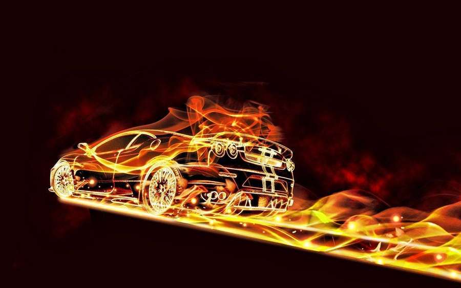 Sleek sports car engulfed in fiery orange flames against a dark background. — Fire Car Background