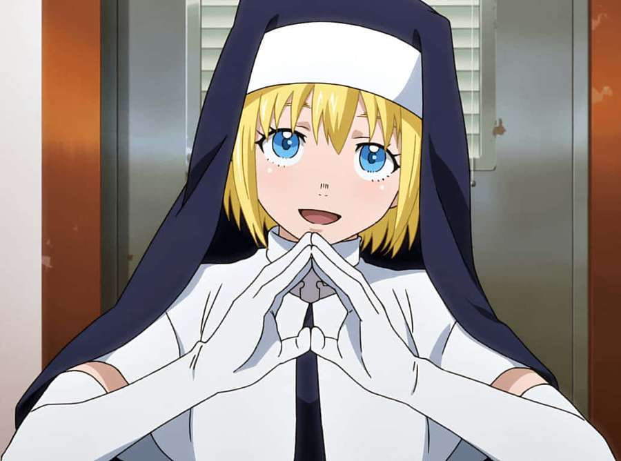 Anime nun with blonde hair and blue eyes clasping hands in prayer pose. — Fire Force Iris Wallpaper