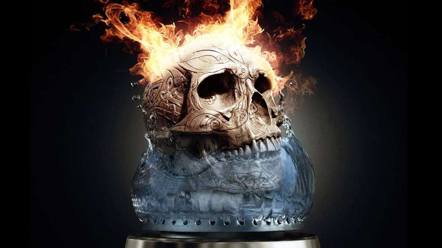 A skull engulfed in flames emerging from a block of ice. — Fire Skull Picture