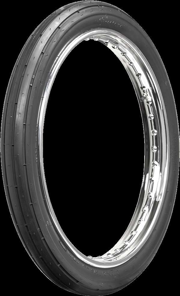 Vintage motorcycle tire with chrome rim and black rubber tread. — Firestone PNG