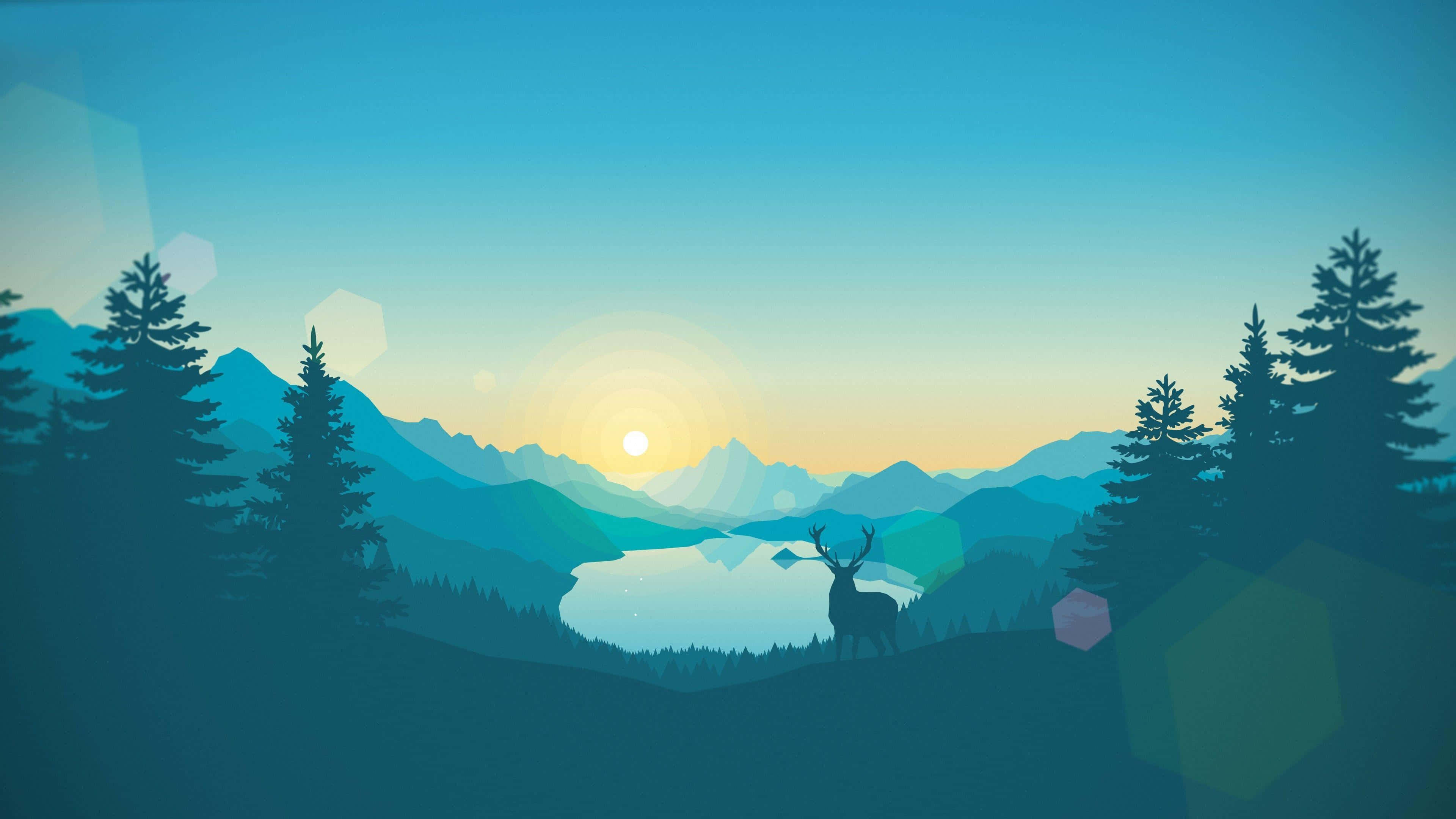 En hjort silhuett vid en sjö vid soluppgång med berg och tallar. — Firewatch Bilder