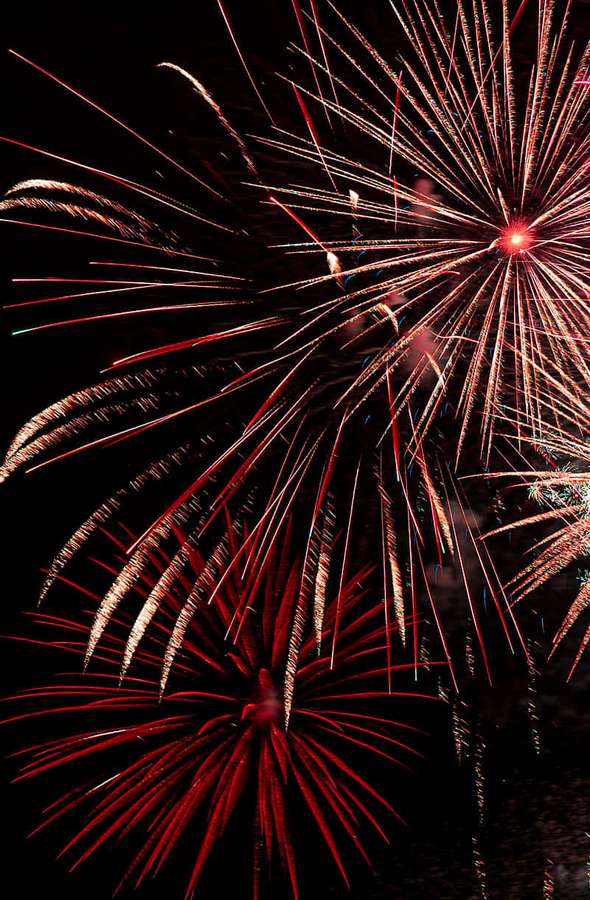 Explosive red and gold fireworks lighting up the night sky. — Fireworks Background