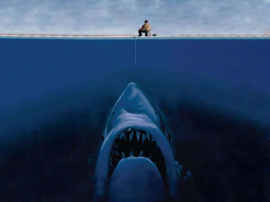 Fisherman unaware of giant shark rising from ocean below him. — Fishing Background