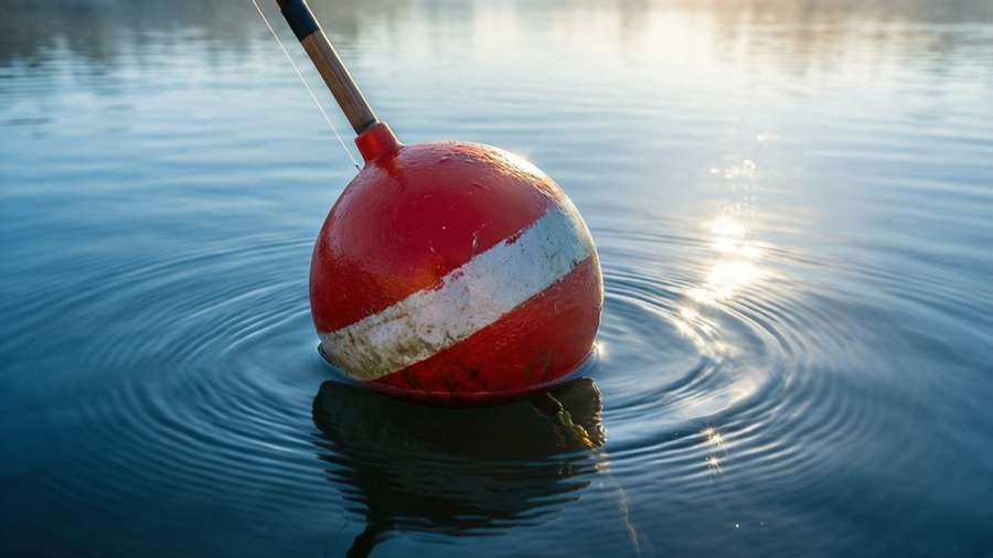 A serene wallpaper featuring a red and white fishing bobber floating on calm blue water with sunlight glints. — Fishing Bobber Wallpaper