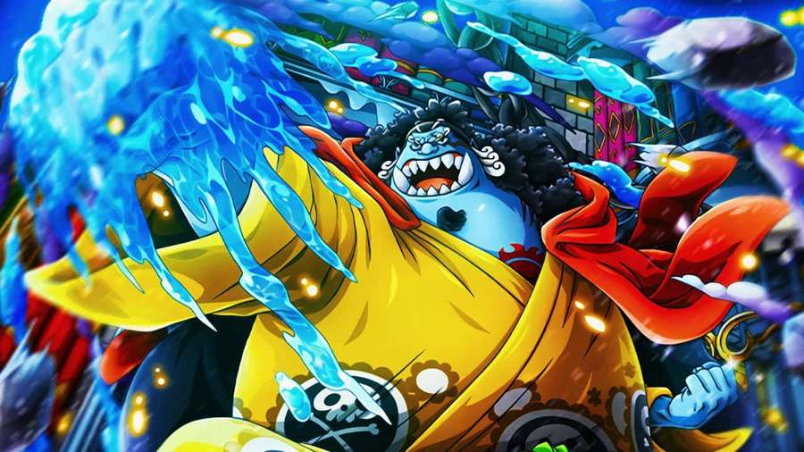 Anime character unleashing blue water attacks in a colorful cityscape. — Fishman Karate Wallpaper