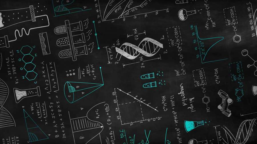 Pizarra negra llena de dibujos científicos fórmulas y equipo de laboratorio en verde azulado brillante — Física Fondos de pantalla