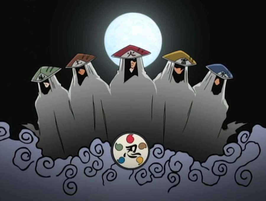 Five masked ninja in grey cloaks stand under a full moon above swirling clouds. — Five Kage Summit Wallpaper