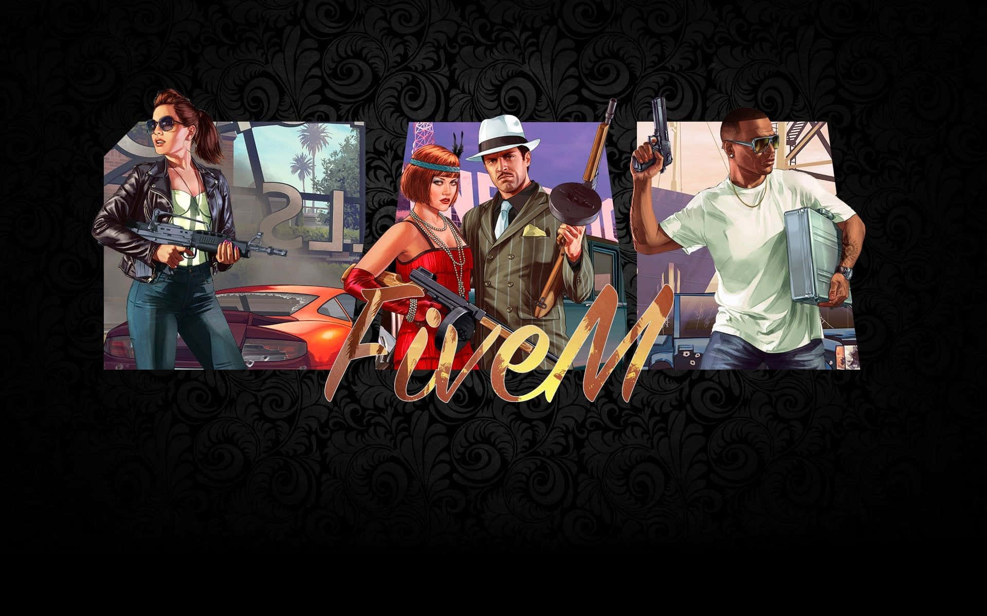 Four armed game characters in urban setting with FiveM logo. — Fivem Background