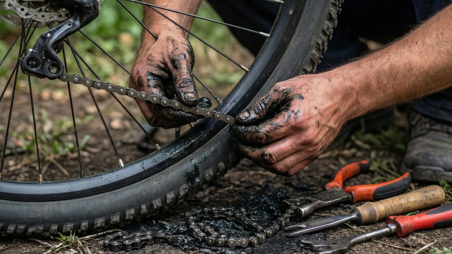 Hands fixing a bicycle chain, isolated on transparent background. — Fix Picture