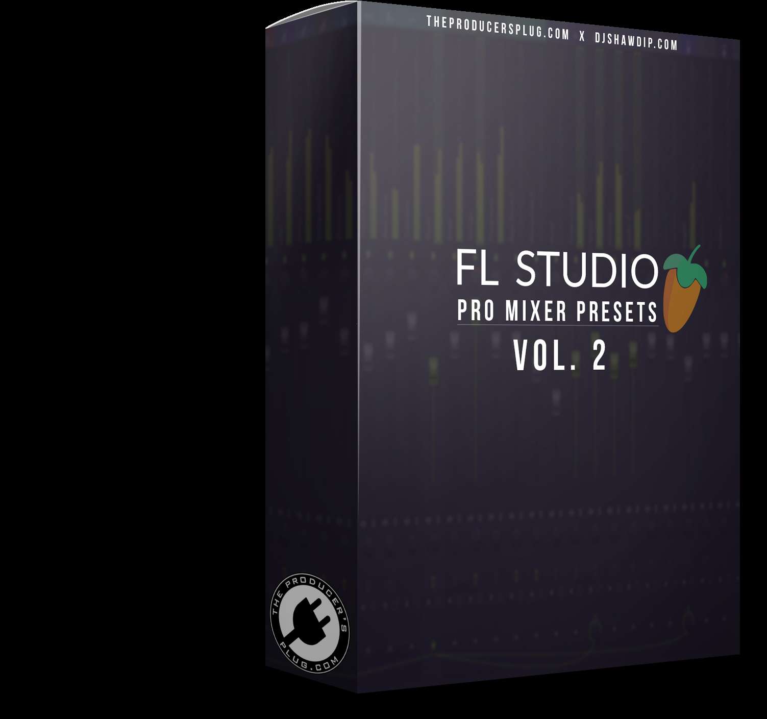 FL Studio Pro Mixer Presets Vol 2 software product box with glowing faders and logos. — Fl Studio PNG