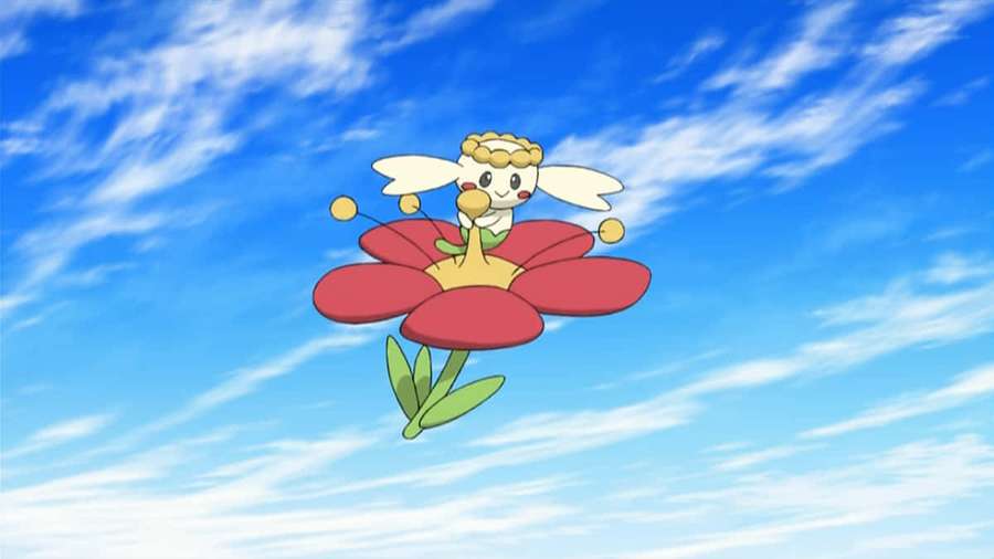 A flying flower Pokémon with white wings perched on a red bloom against a blue sky. — Flabébé Wallpaper