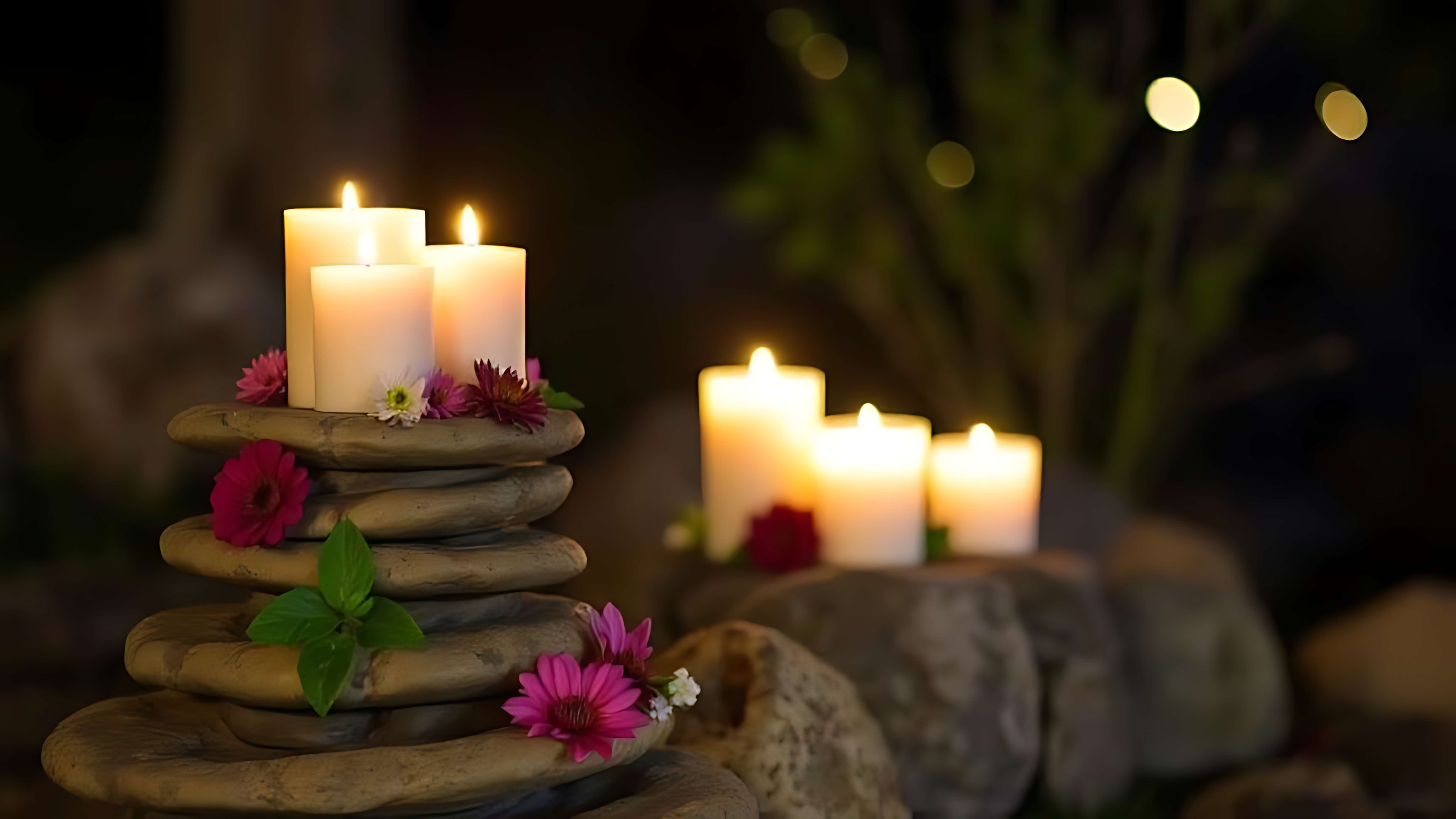 Stacked stones with candles and flowers glowing softly in a garden at night. — Flame PNG