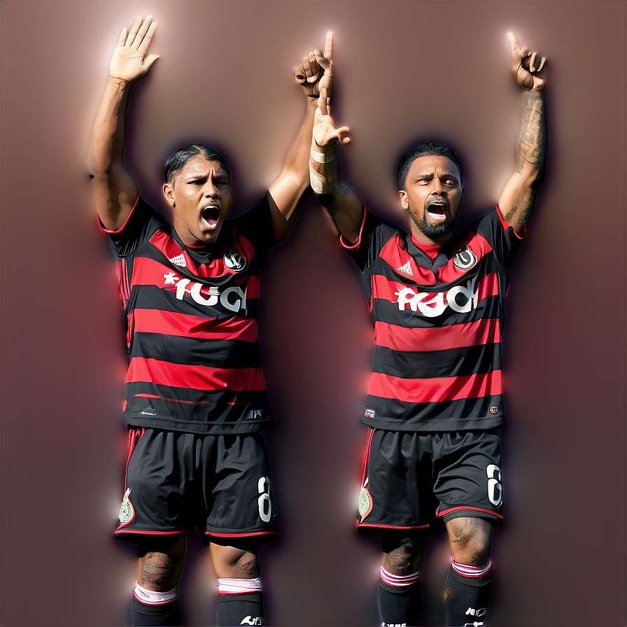 Two soccer players in red and black striped jerseys celebrating victory with arms raised. — Flamengo Picture