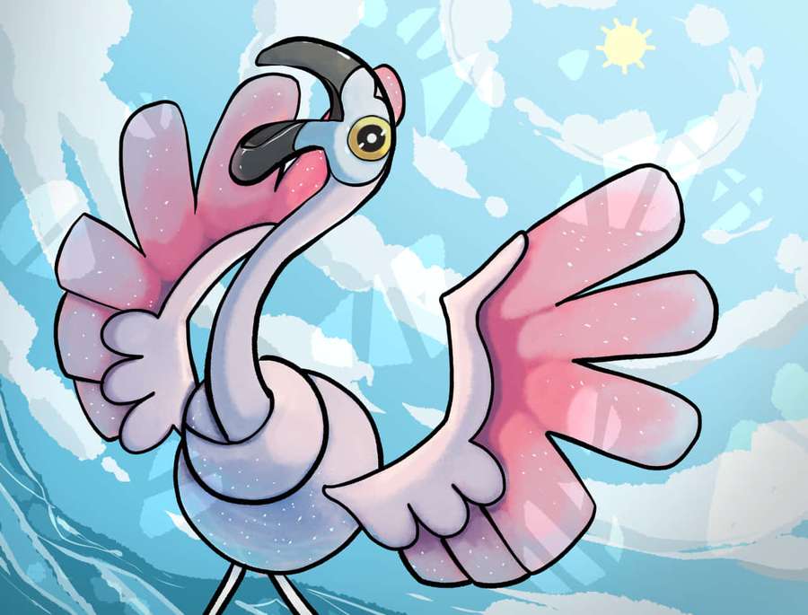 A cartoon flamingo with pink wings and starry body stands in a blue sky with clouds and sun. — Flamigo Wallpaper