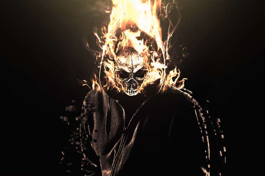 Flaming skull with pixelated edges against a dark background. — Flaming Skull Wallpaper