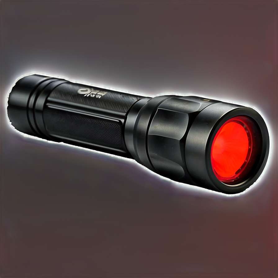 Black tactical flashlight with red lens glowing against dark background — Flashlight PNG
