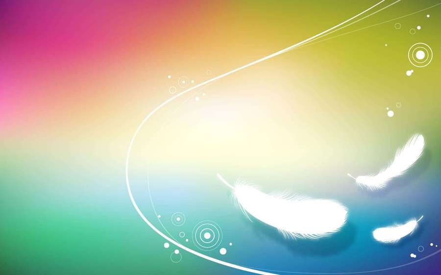 Three glowing white feathers floating on curved lines over a rainbow gradient. — Flex Background
