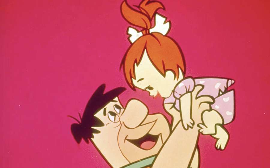 Flintstones-isä pitää pientä tyttöä, jolla on punaiset hiukset ja rusetti — Flintstoneja Taustakuvat