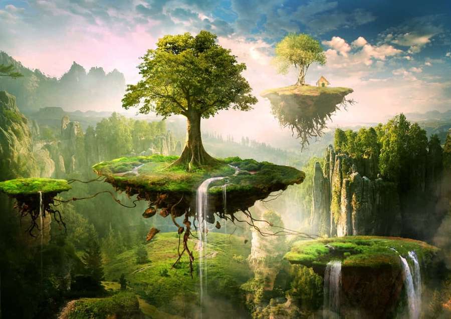 Floating islands with trees and waterfalls in a misty valley at sunrise. — Floating Island Background