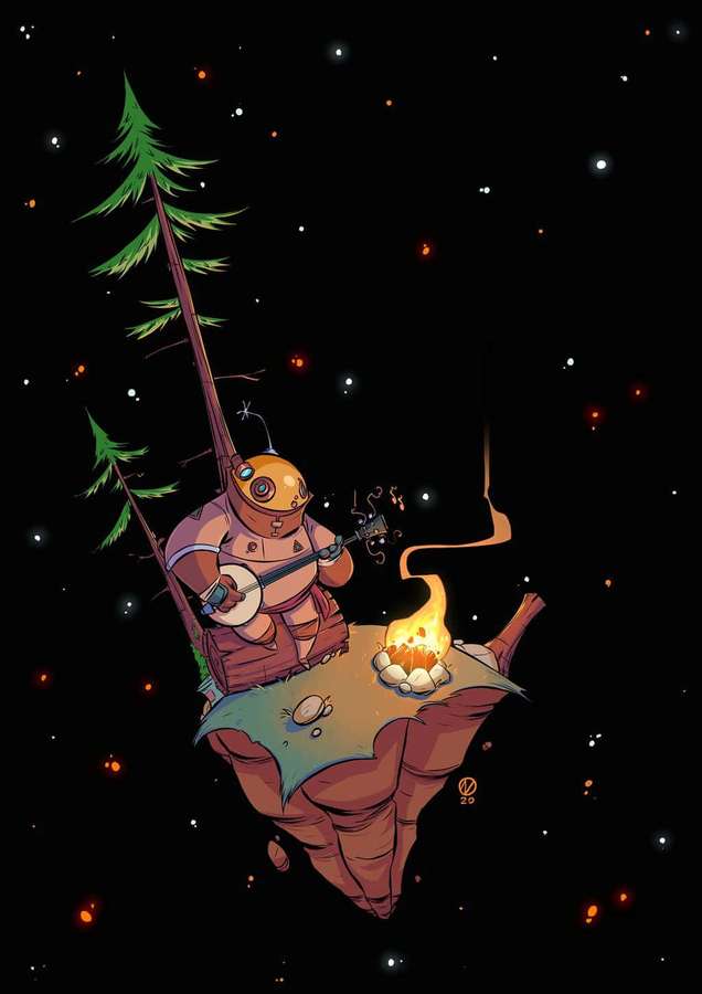 Roboter spielt Banjo am Lagerfeuer auf schwebender Insel unter Sternen — Floating Island Bilder