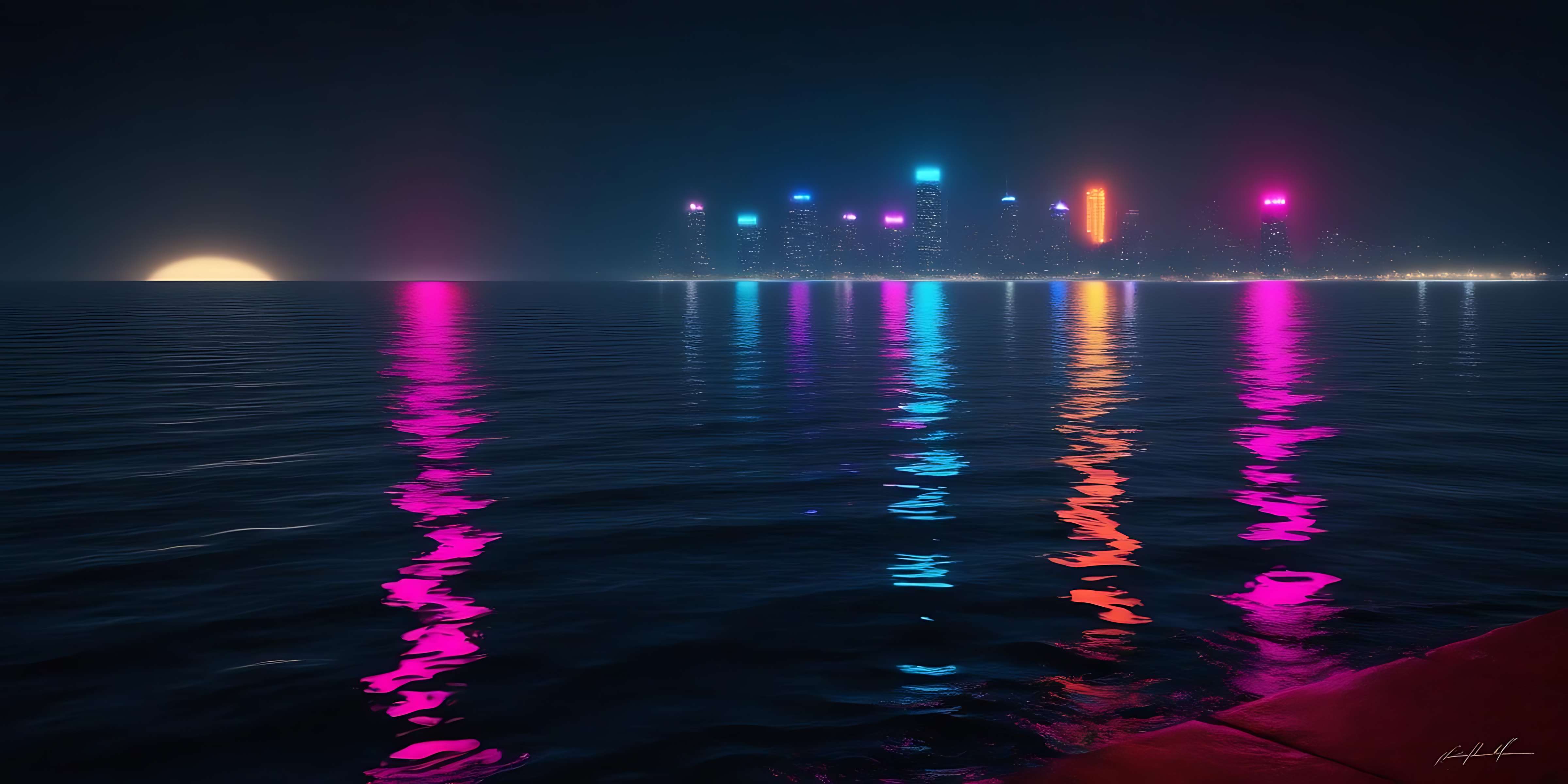 Neon city lights reflect on water as a glowing sun sets on the horizon. — Floating PNG