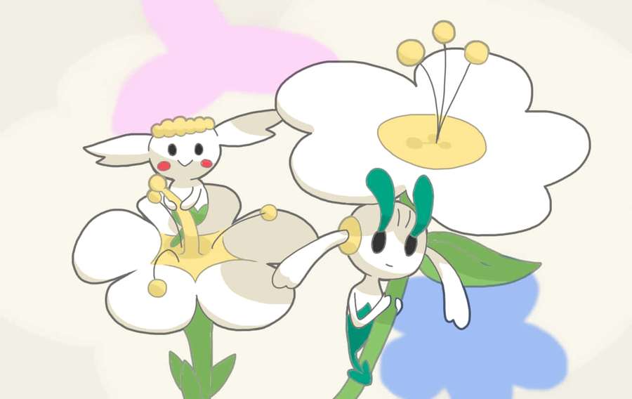 Two anime-style bunny creatures sitting on large white flowers with pastel background. — Floette Wallpaper