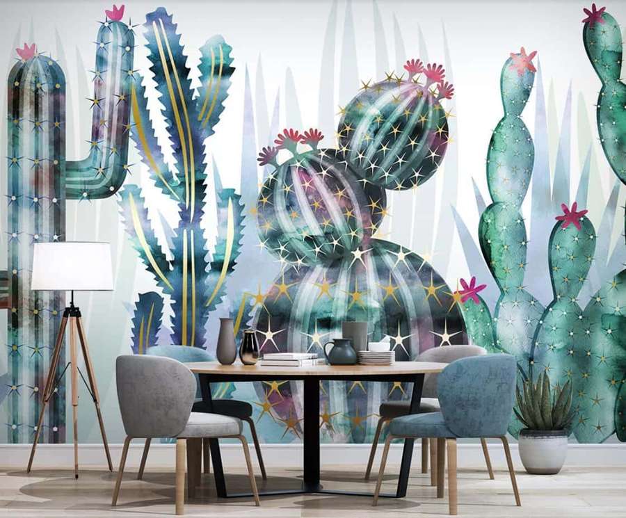 Área de jantar moderna com mesa e cadeiras em frente a uma parede colorida de cactos. — Flor de cacto Papéis de Parede