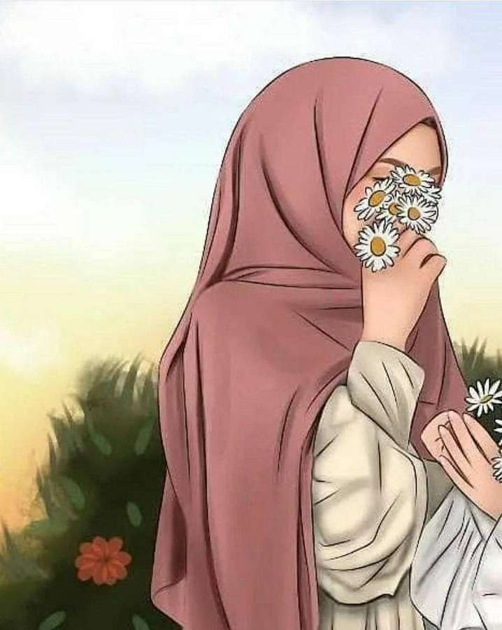 Mulher de hijab rosa segurando margaridas no rosto em um jardim — Flor Papéis de Parede