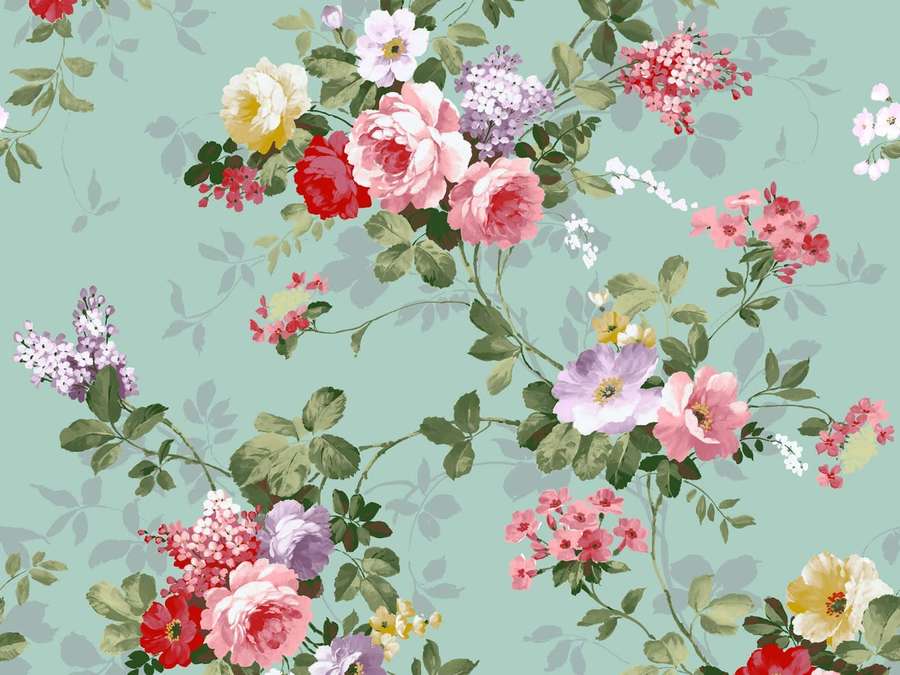 Vintage floral wallpaper with roses and lilacs on mint green background. — Floral Print Wallpaper