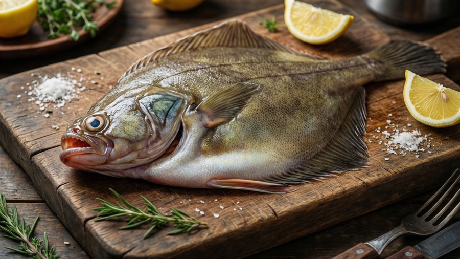 A raw flounder fish ready for cooking on a wooden board. — Flounder Background