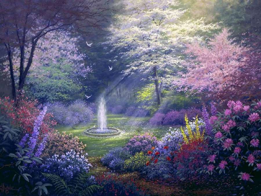 A tranquil garden with a central fountain surrounded by colorful flowers and flying birds. — Flower Garden Wallpaper