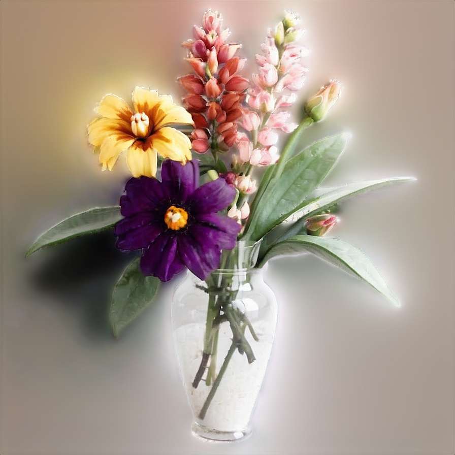 A colorful floral arrangement in a glass vase with white pebbles glowing softly. — Flower Pattern Picture