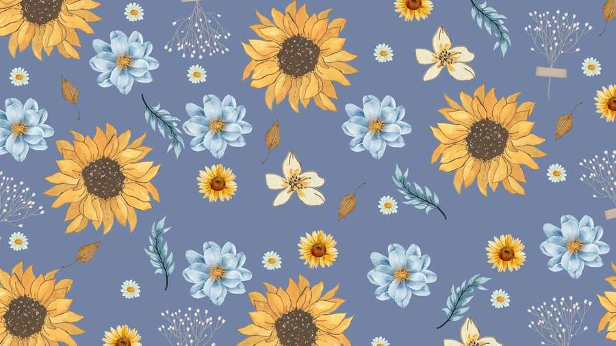 Watercolor floral pattern with sunflowers and blue flowers on lavender background — Flower Pattern Wallpaper