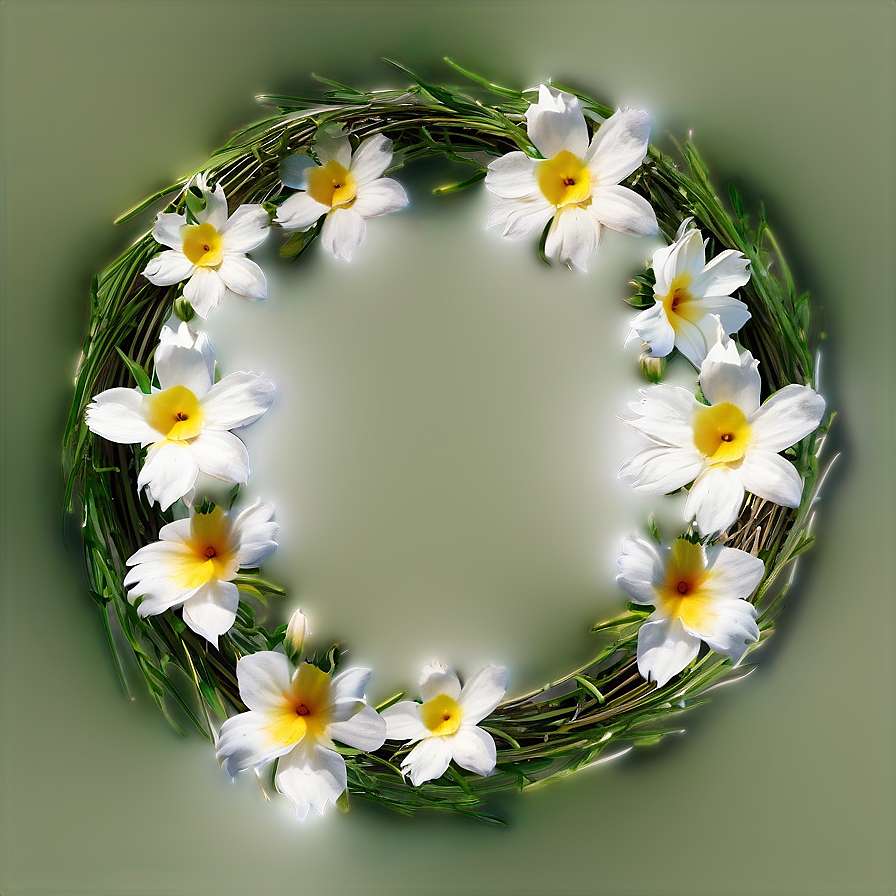 A wreath of white daffodils with yellow centers and green stems. — Flower Wreath Wallpaper