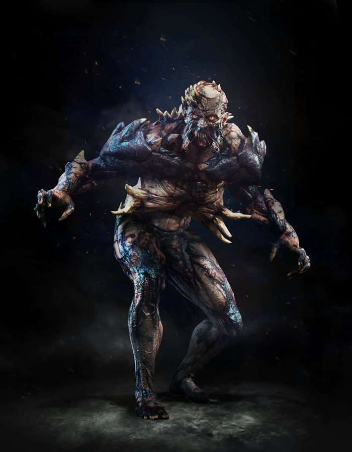 Ein bedrohliches gehörntes Monster mit glühenden Augen und stacheligen Gliedmaßen stürmt in einer dunklen Umgebung. — Flüchtig Wallpaper