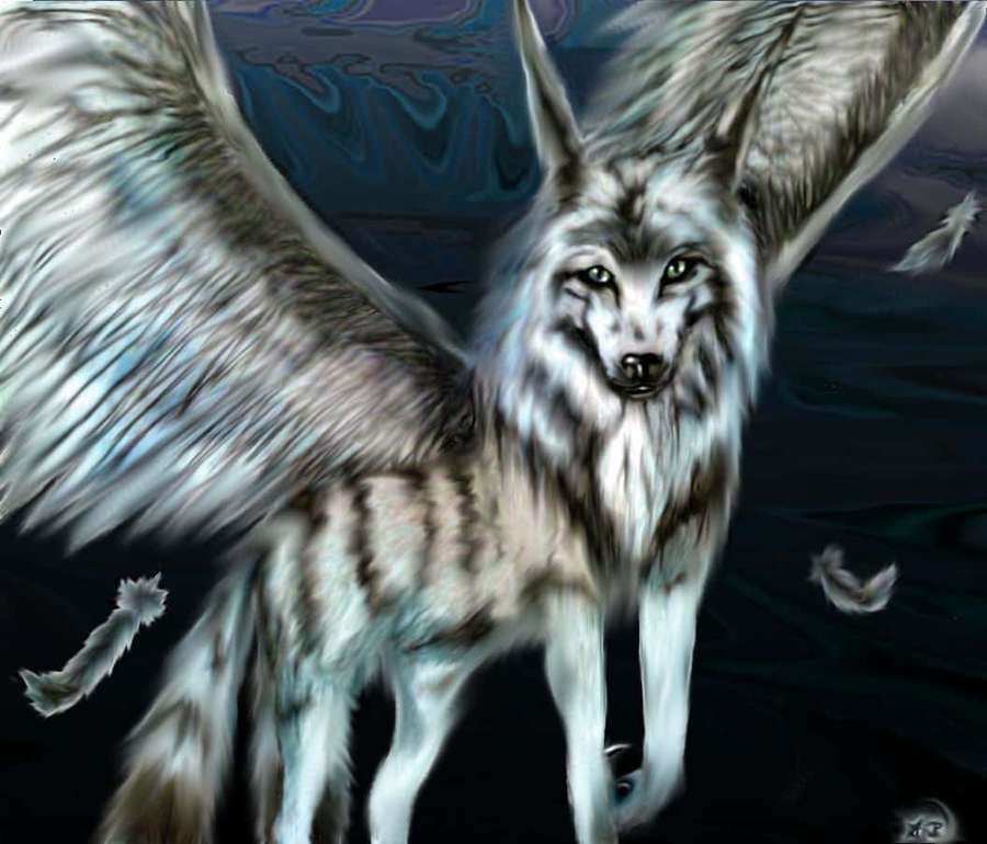 Ein mythischer geflügelter Wolf mit glühenden Augen vor einem kosmischen Hintergrund. — Flügeliger Wolf Wallpaper