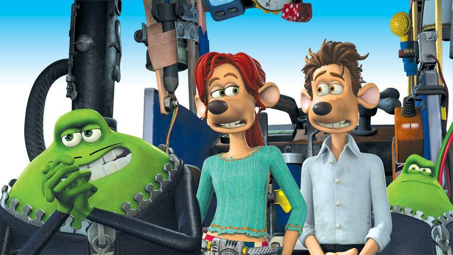 Three cartoon mice in a workshop full of tools and machinery. — Flushed Away Background