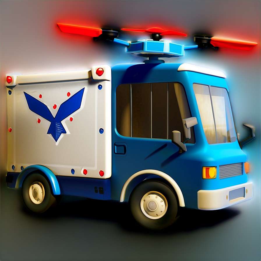 Blue and white delivery truck with red rotors hovering in air. — Fly Emirates PNG