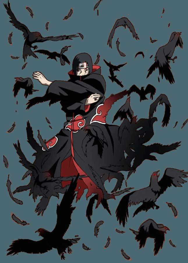 Anime-Ninja umgeben von fliegenden schwarzen Krähen in dunkler Kleidung. — Flying Bird Bilder