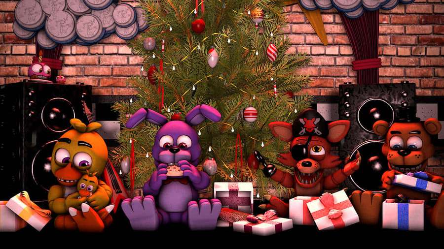 Freddy Fazbear ja animatroniset ystävät viettävät joulua lahjojen ja koristellun kuusen kanssa. — Fnaf Jouluaika Taustakuvat