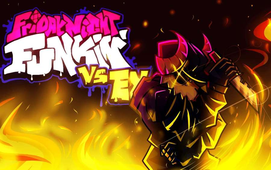 Animated gaming character with horns and sword surrounded by flames under Friday Night Funkin' VS EX title. — Fnf Picture