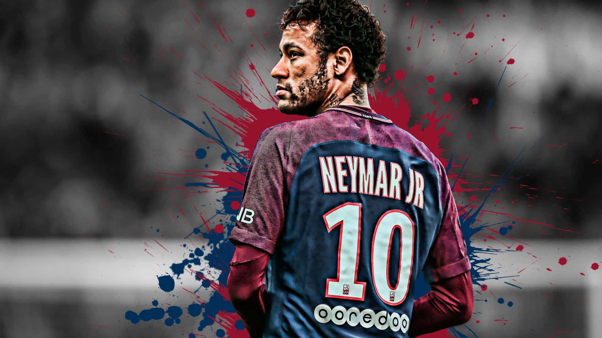 Neymar Jr i blå og rød fodboldtrøje nummer 10 med malingstænk baggrund — Fodbold Pc Wallpapers